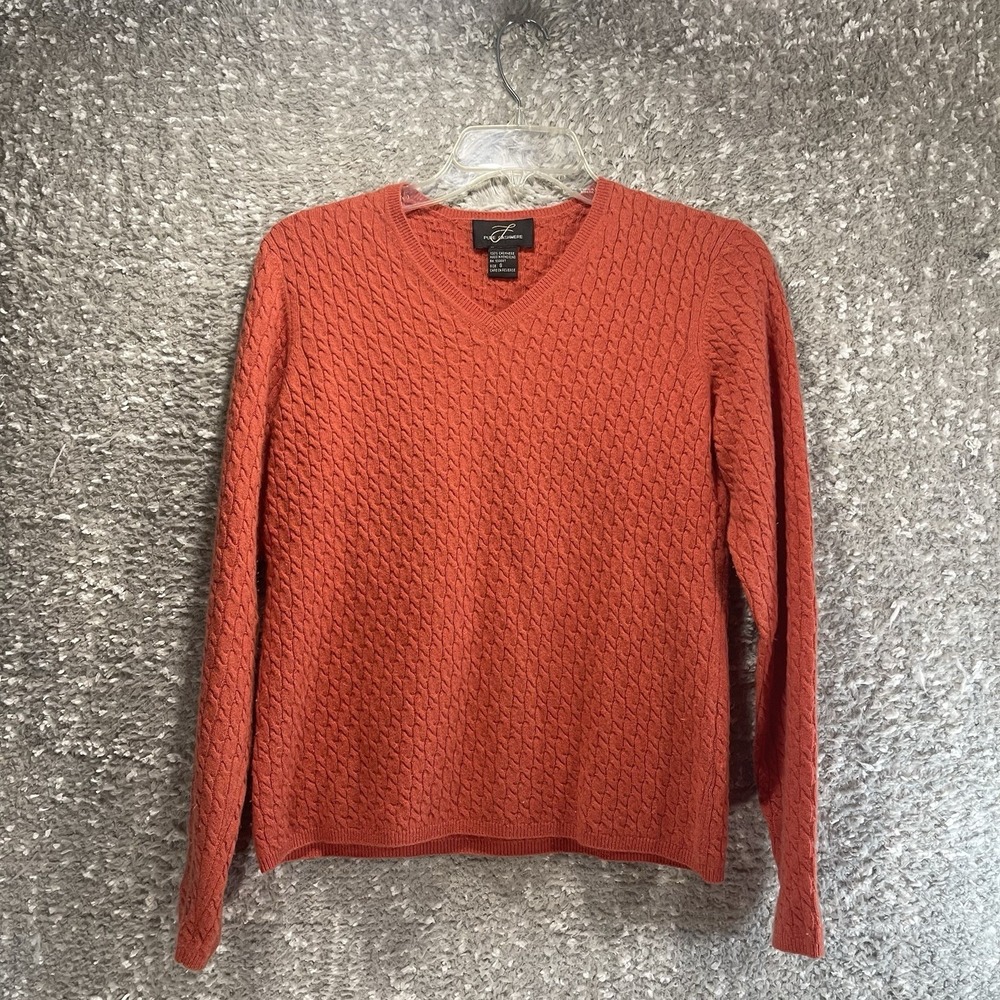 L Pure Cashmere Cable Knit V-Neck Pullover Sweater Orange Preppy Academia Small